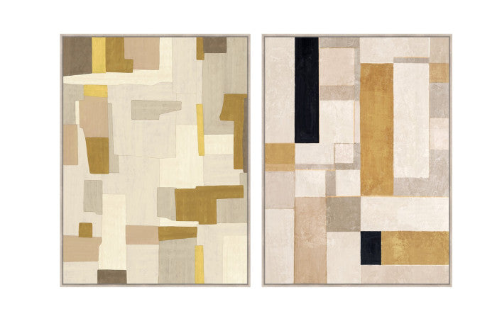 Pareja Lienzos Abstractos Beige Amarillo Relieve