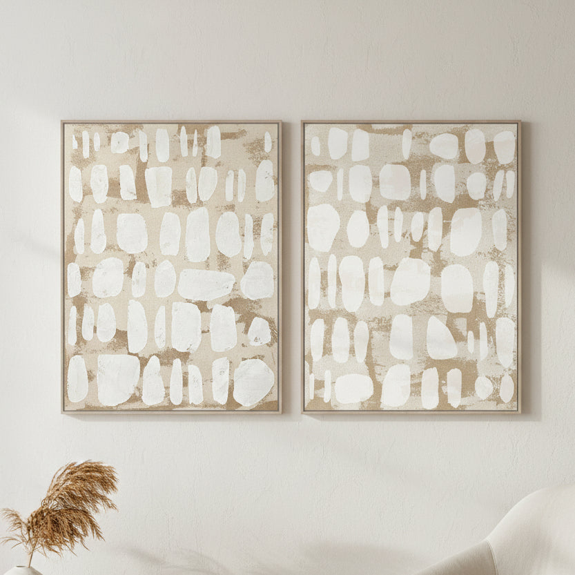 Pareja Lienzos Abstractos Beige Blanco