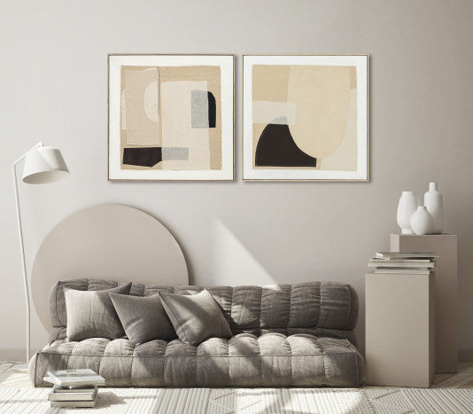 Pareja Lienzos Abstractos Beige Negro 3D